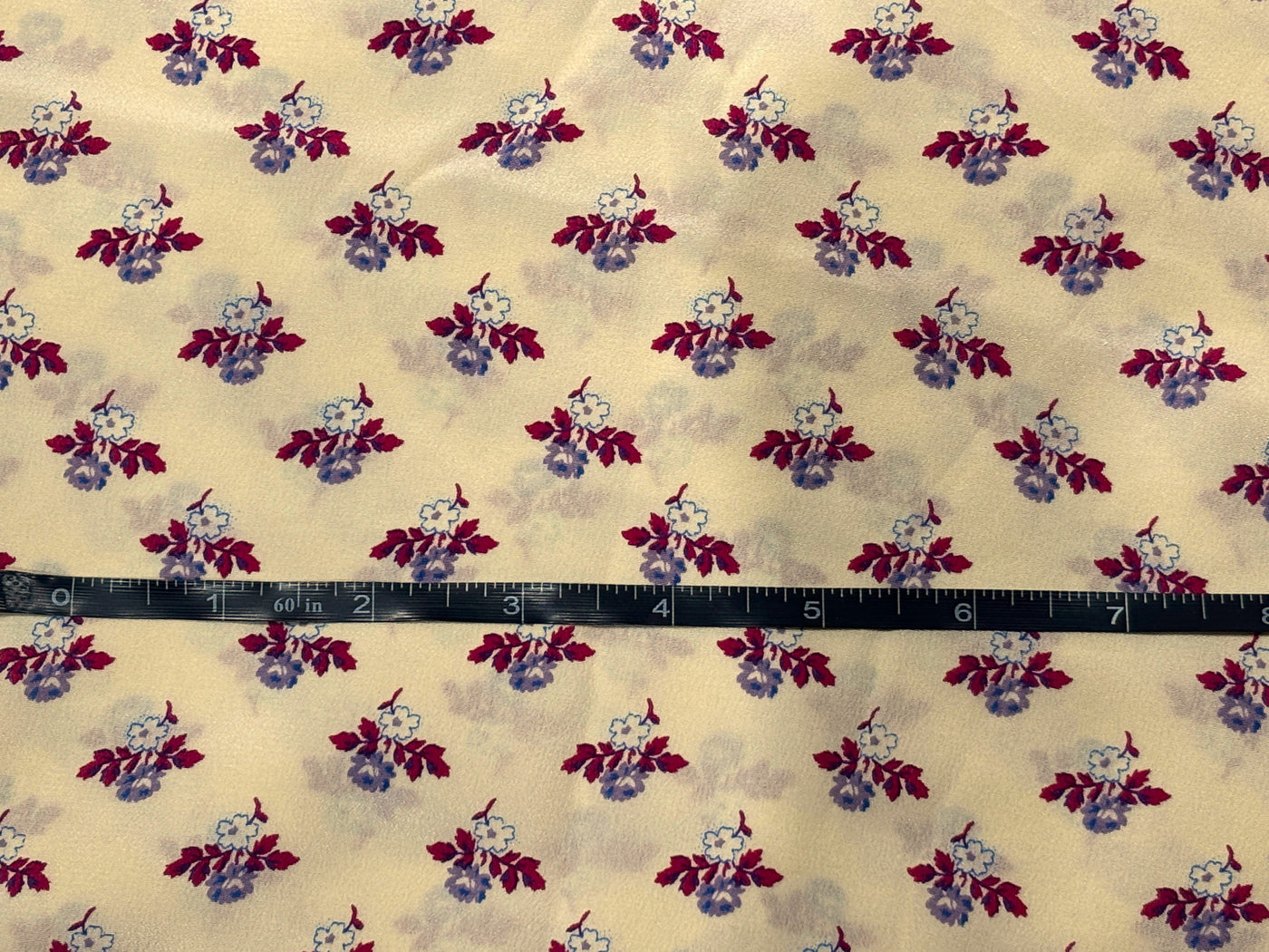 Pure silk  crepe printed fabric cream with tiny lavender burgundy floral motifs 54"[18262]