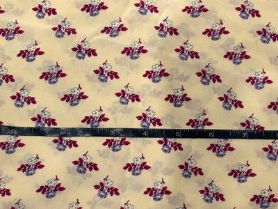 Pure silk  crepe printed fabric cream with tiny lavender burgundy floral motifs 54"[18262]
