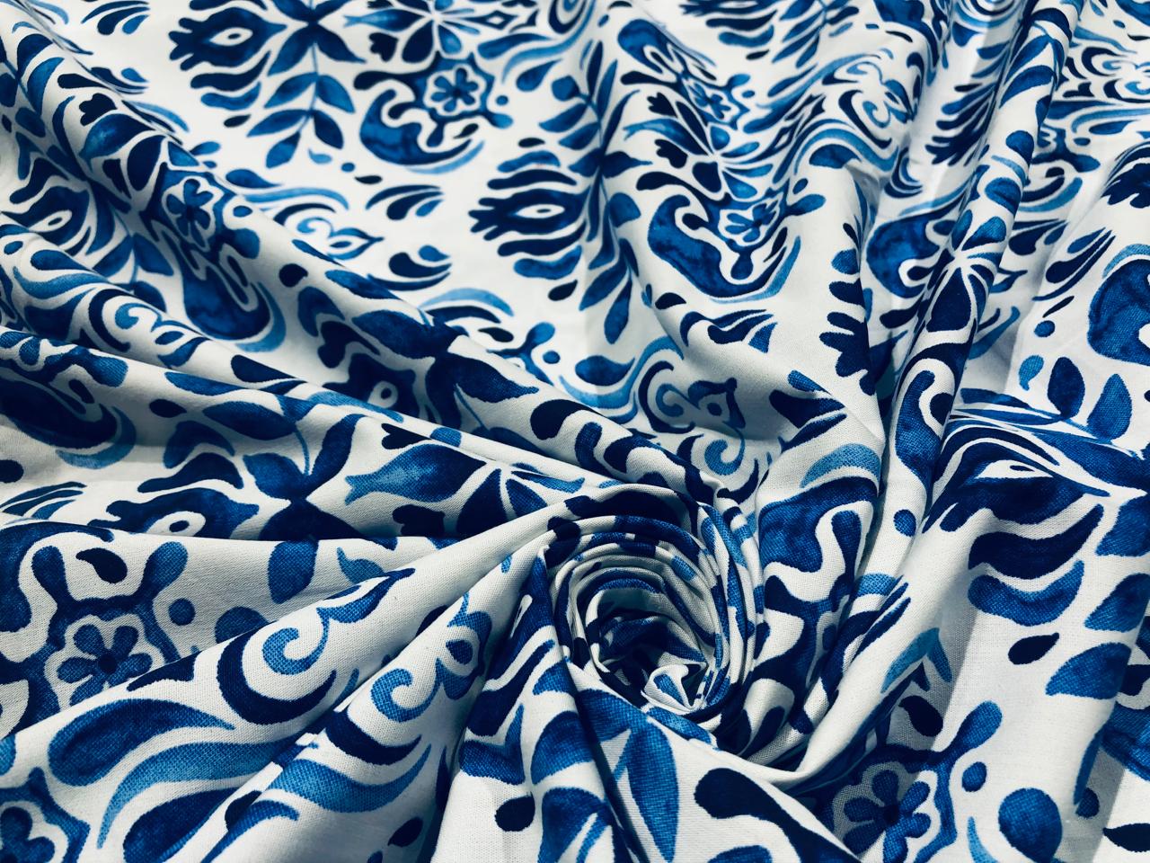 100% Cotton Poplin BLUE AND WHITE FLORAL PRINT 58" wide INFLUENCED BY CERAMIC [17116]