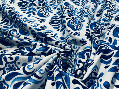 100% Cotton Poplin BLUE AND WHITE FLORAL PRINT 58" wide INFLUENCED BY CERAMIC [17116]