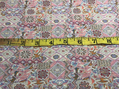 Silk Brocade fabric 56" ivory with  pink with blue and mango floral and very subtle metallic gold jacquard BRO1060[2]