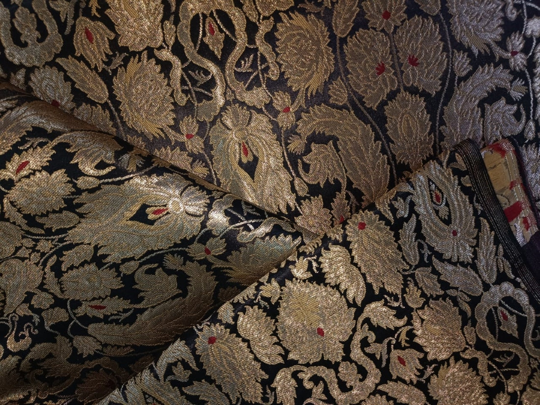 HEAVY BROCADE FABRIC JET BLACK, RED X OLD METALLIC GOLD 36" wide BRO67[5]