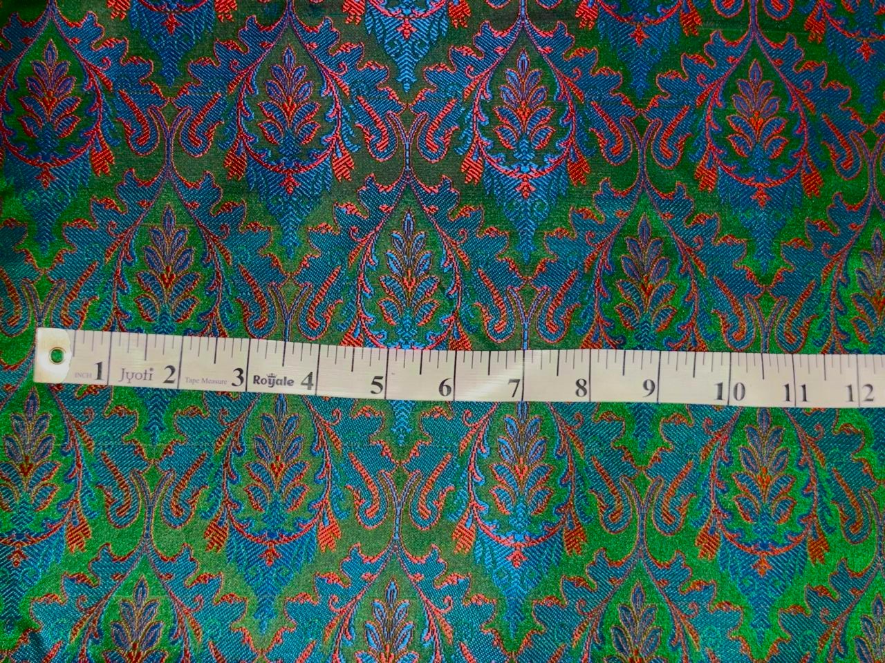 Silk Brocade fabric 44"jacquard green with beautiful blue and reddish orange motifs BRO1068[2]