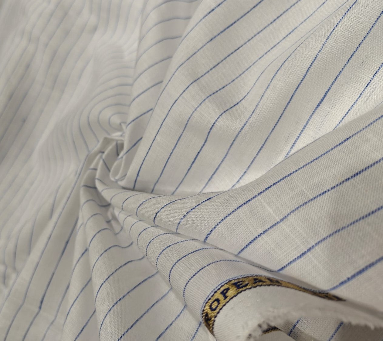 100% Linen stripe 60's Lea Fabric 58" wide available in three colors BLUE/WHITE,GREY/BLUE AND CAMEL/IVORY