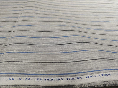 100% Linen stripe 60's Lea Fabric 58" wide available in three colors BLUE/WHITE,GREY/BLUE AND CAMEL/IVORY