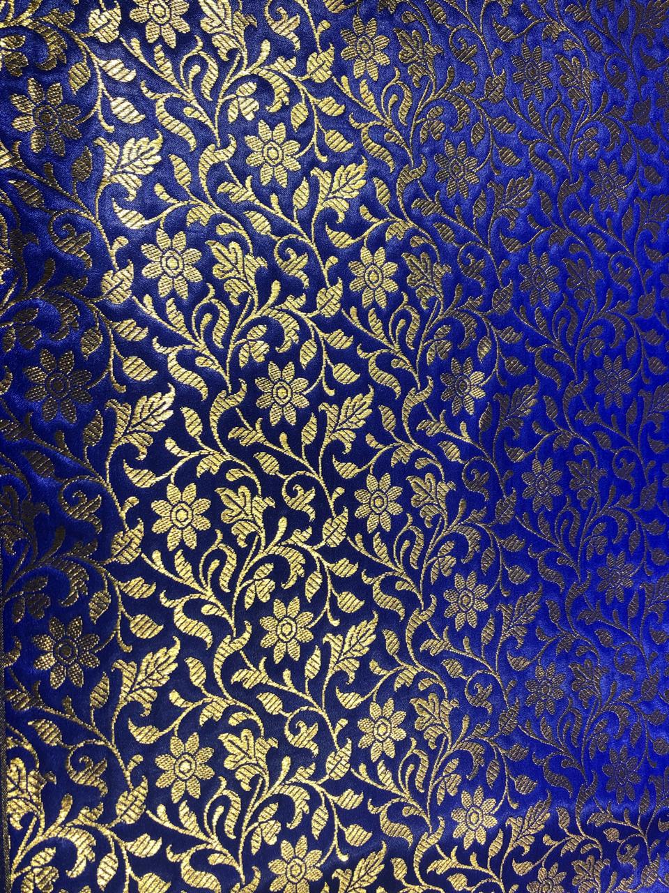 Silk Brocade fabric 44" and metallic gold floral jacquard available in 2 colors royal blue and green BRO1048