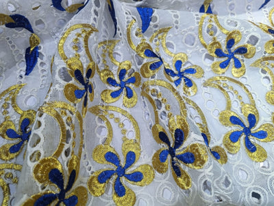 LACE: Rich Chemical Lace Ivory, Blue and Metallic gold Fabric 36"