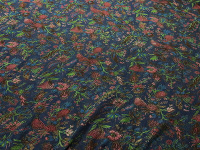 Silk chiffon printed  fabric deep ink blue  Color with red and green floral Print 44" wide [17793]
