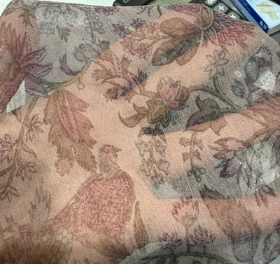 Silk chiffon  fabric iridescent  pink green and grey floral with bird  print  44" wide [17794]