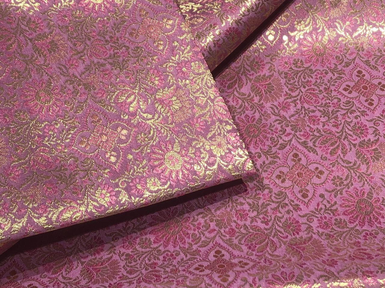 Silk Brocade fabric 44" pink and metallic gold floral jacquard available in 3 colors silver grey, green and pinkBRO1047