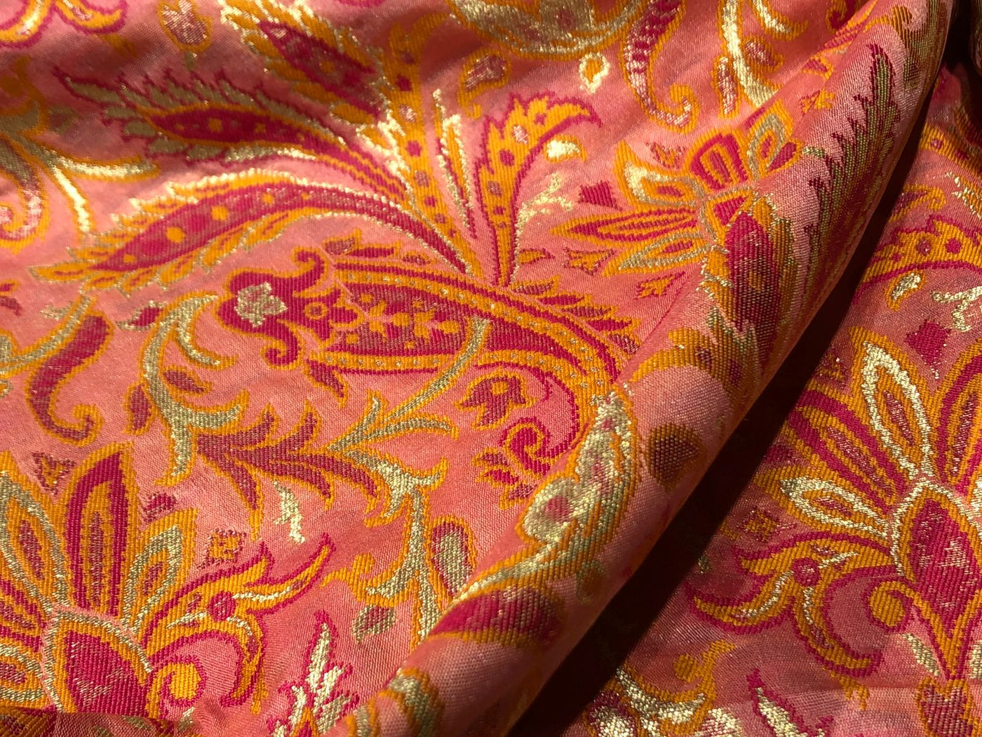 Silk Brocade fabric 44" floral, paisley with gold metallic jacquard available in 3 colors pink,peach,mango/mint green,pink,mango and silver grey,pink,mango BRO1058