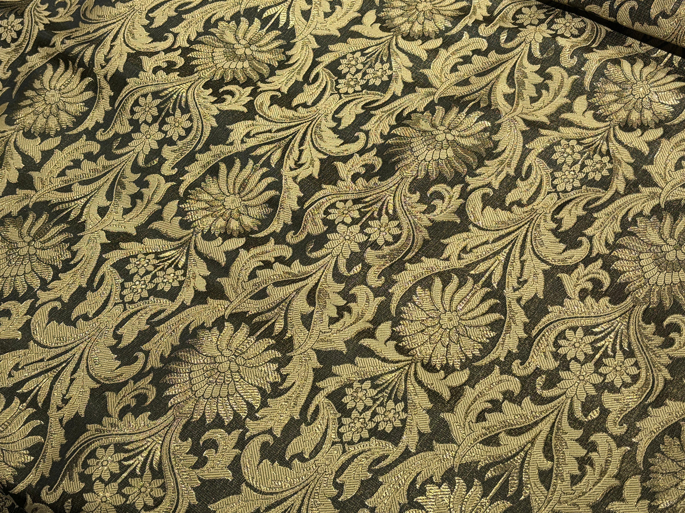 Silk Brocade fabric 44" antique gold jacquard motifs with vines available in 2 colors navy and black  BRO1054