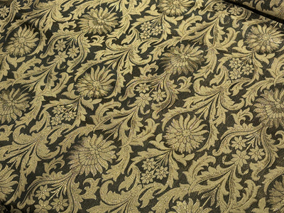 Silk Brocade fabric 44" antique gold jacquard motifs with vines available in 2 colors navy and black  BRO1054