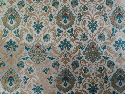 Silk Brocade fabric 44" wide BRO879 available in 4 colours Ivory; Pink; Red / Ivory; Green / Red / Ivory; Emerald Green; Red / Ivory; black ;Red AND METALIC GOLD