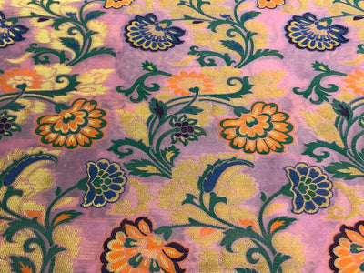 Silk Brocade fabric with multi color  floral jacquard and metallic  gold available in 3 colors  white,green , and pink BRO1014