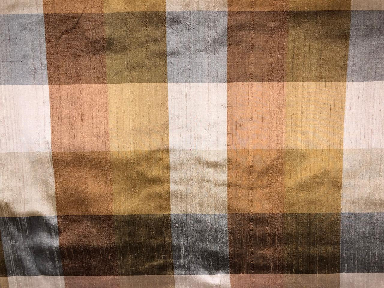 100% silk dupion  Plaids fabric shades of gold, brown and grey with slubs DUPNEWC31[2]