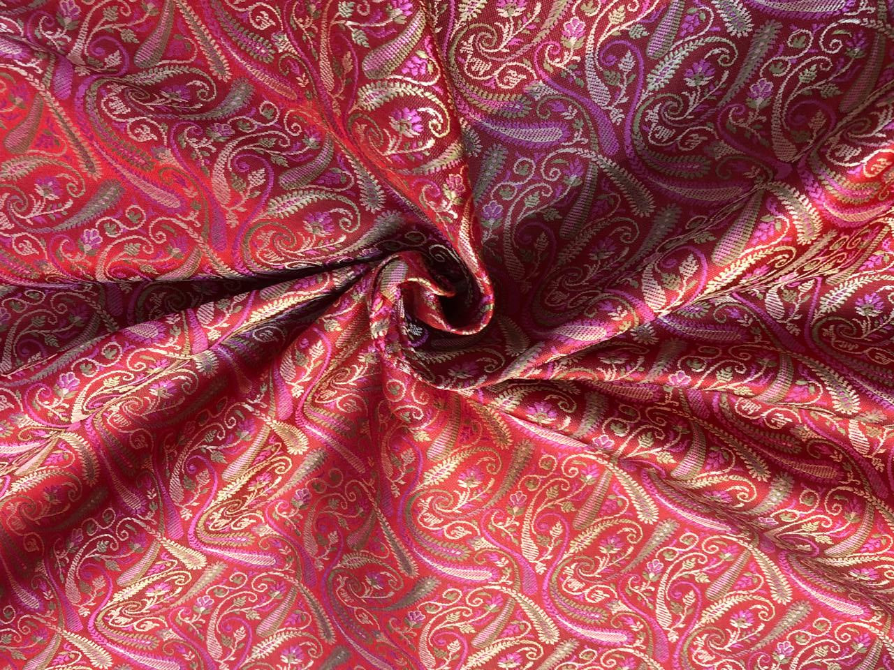 Silk Brocade fabric multi color paisleys available in 4 colors red , green , minty olive and silver BRO1089