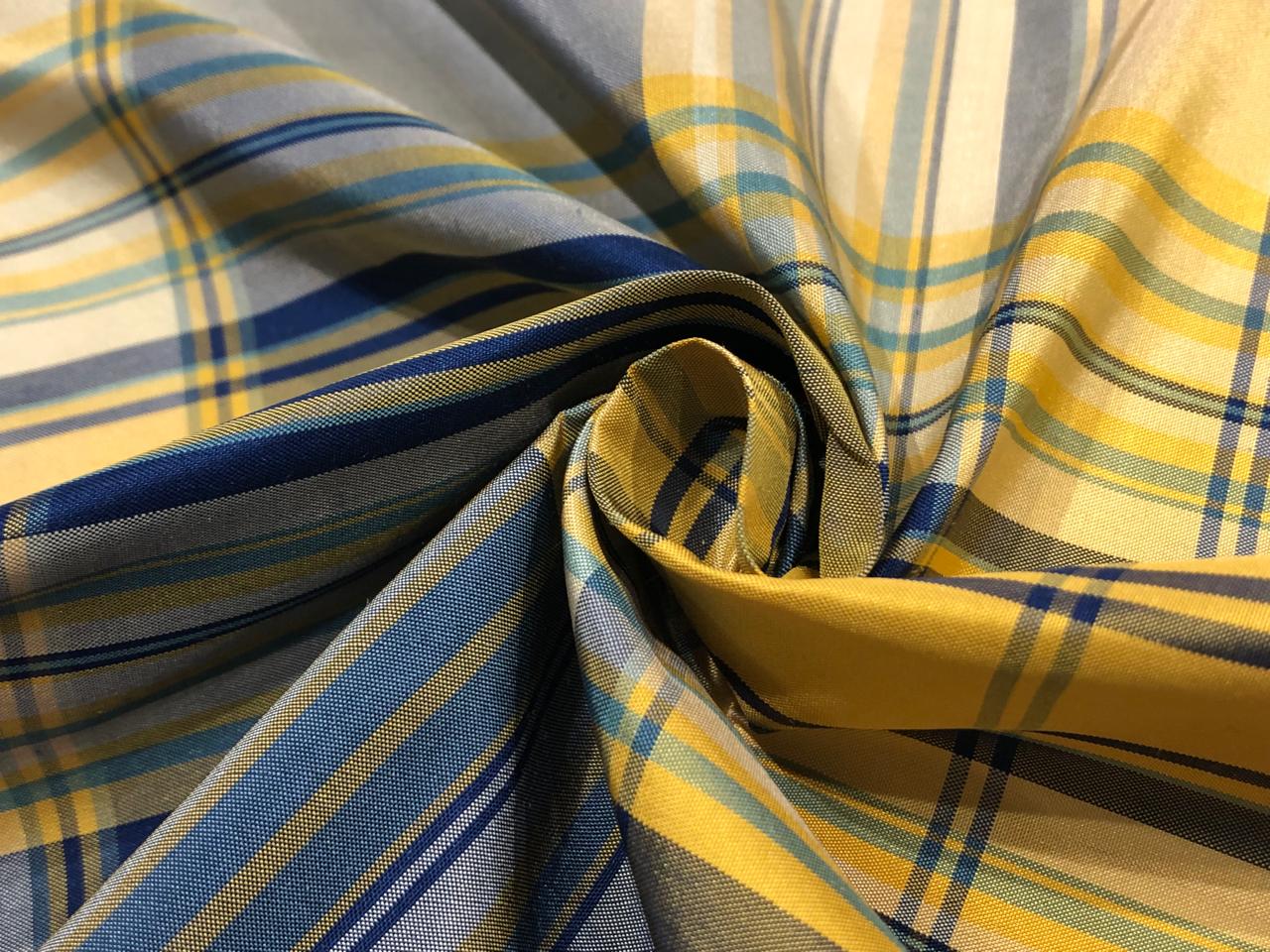 100% PURE SILK TAFFETA FABRIC PLAIDS ROYAL BLUE and shades of YELLOW 54"wide TAFNEWC9roll