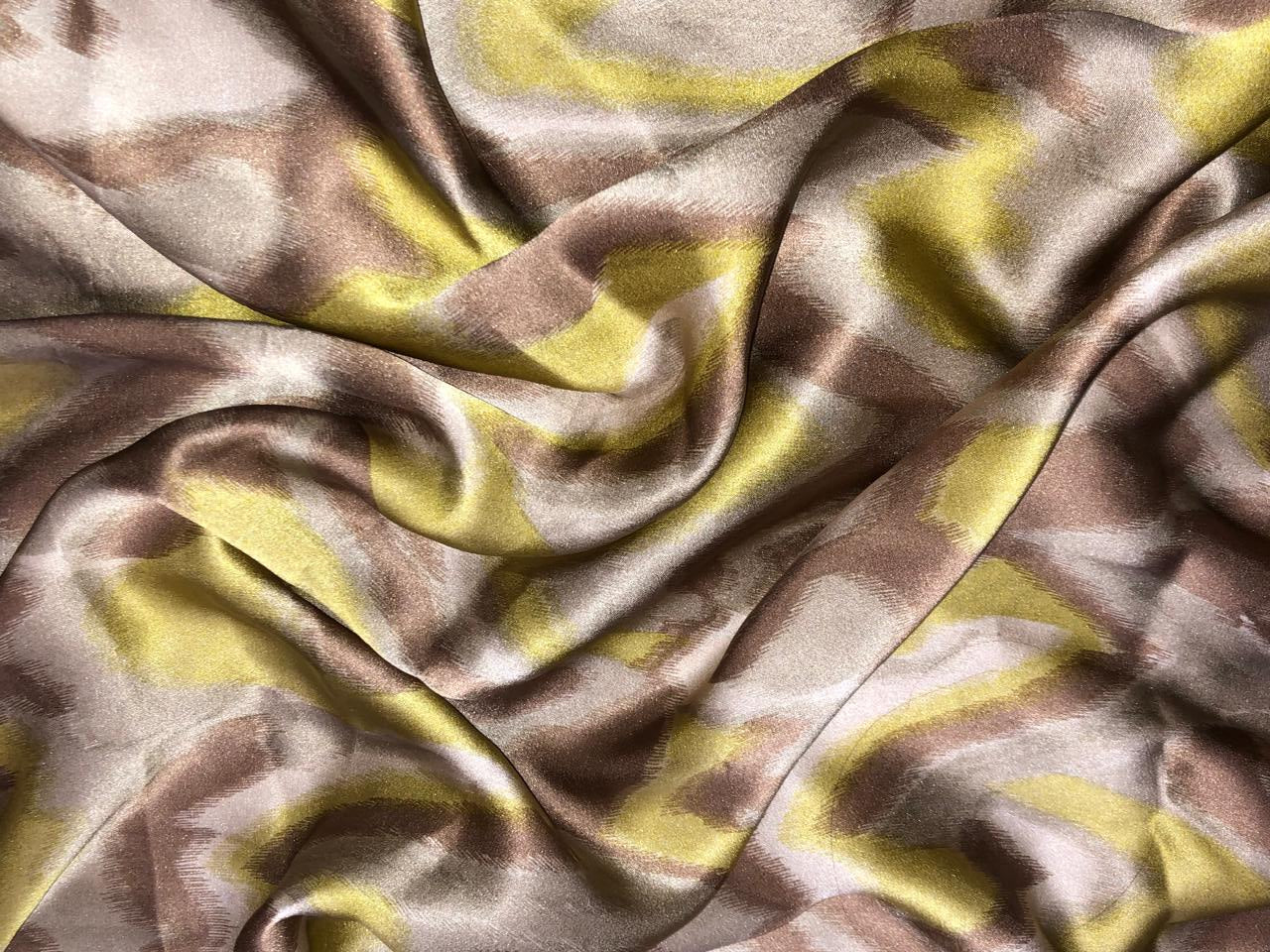 100% Pure Silk Satin 80 grams geometric print shades of silver, lime green and brown 54"Wide Fabric [18287]