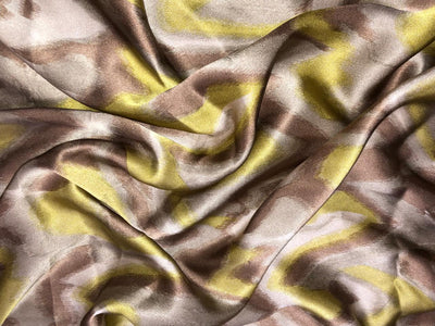 100% Pure Silk Satin 80 grams geometric print shades of silver, lime green and brown 54"Wide Fabric [18287]