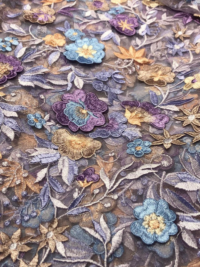 NET fabric lilac with floral embroidery with patchwork of nude pink, lilac and blue flowers 58" wide [17716]