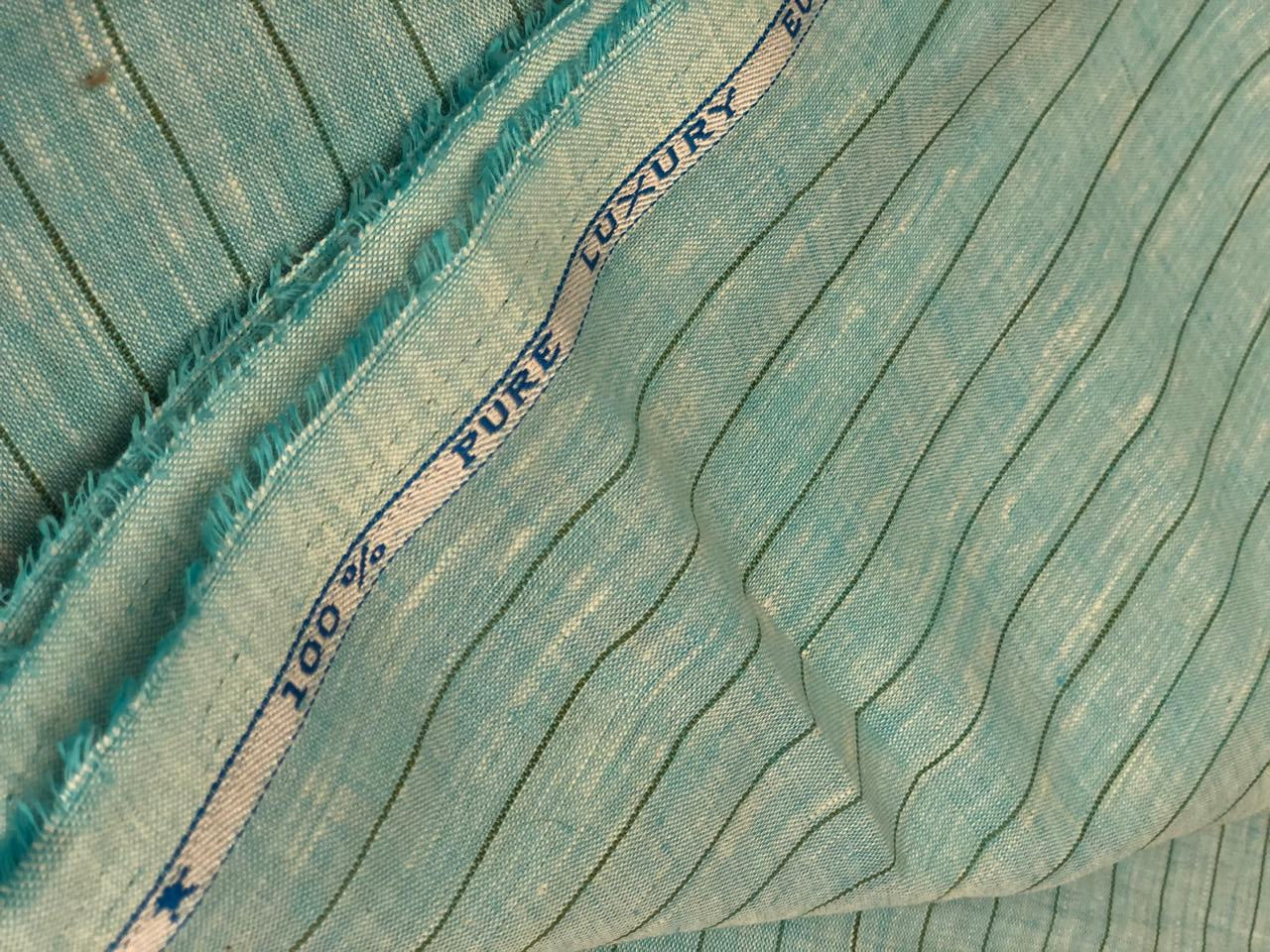 100% Linen stripe 60's Lea Fabric 58" wide available in 2 colors  lime green and sea blue stripes [16895/96]