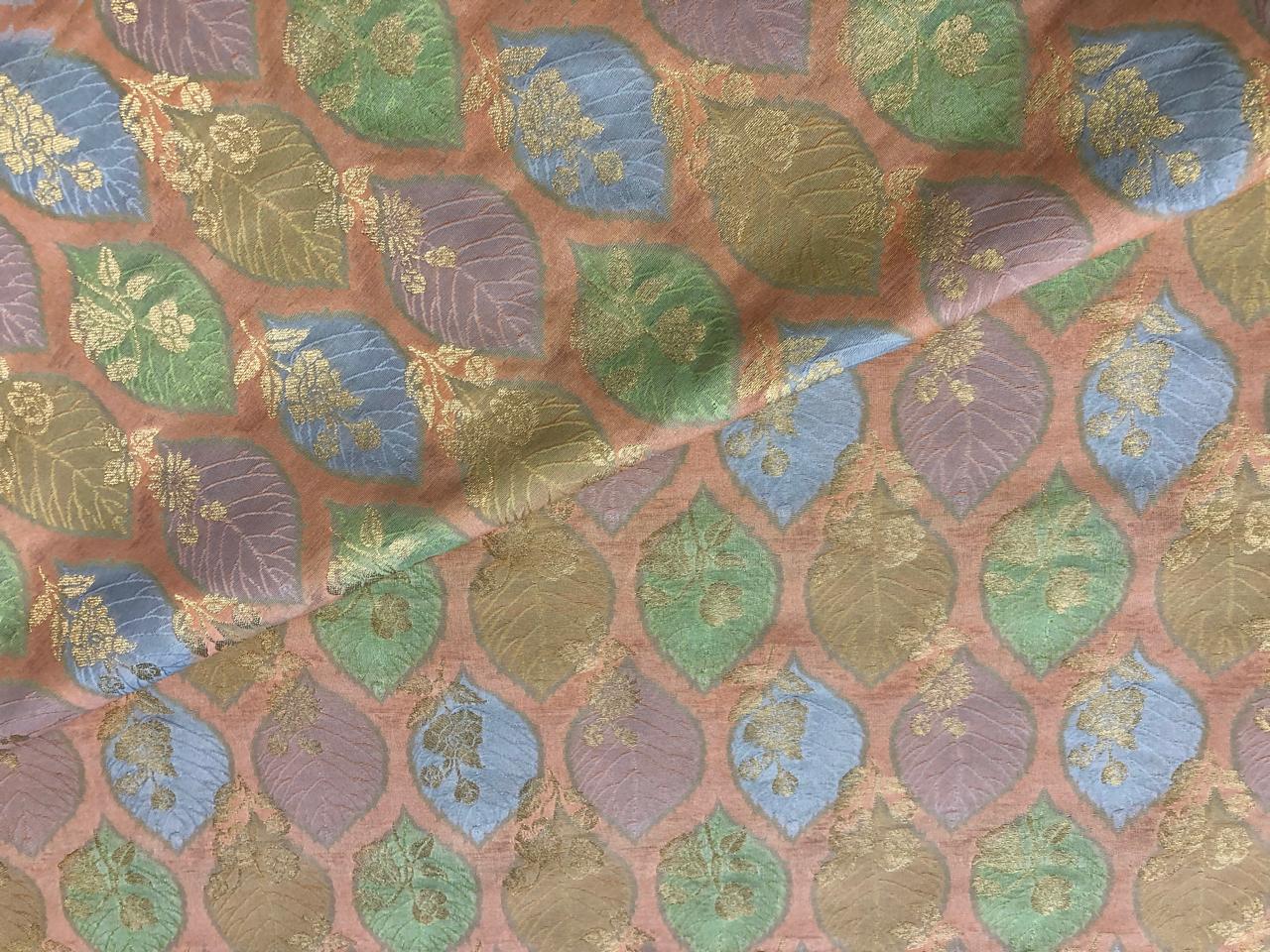 Silk Brocade fabric with colorful  leaf floral motif jacquard available in 3 colors mauve , pink peach and ivory BRO1091