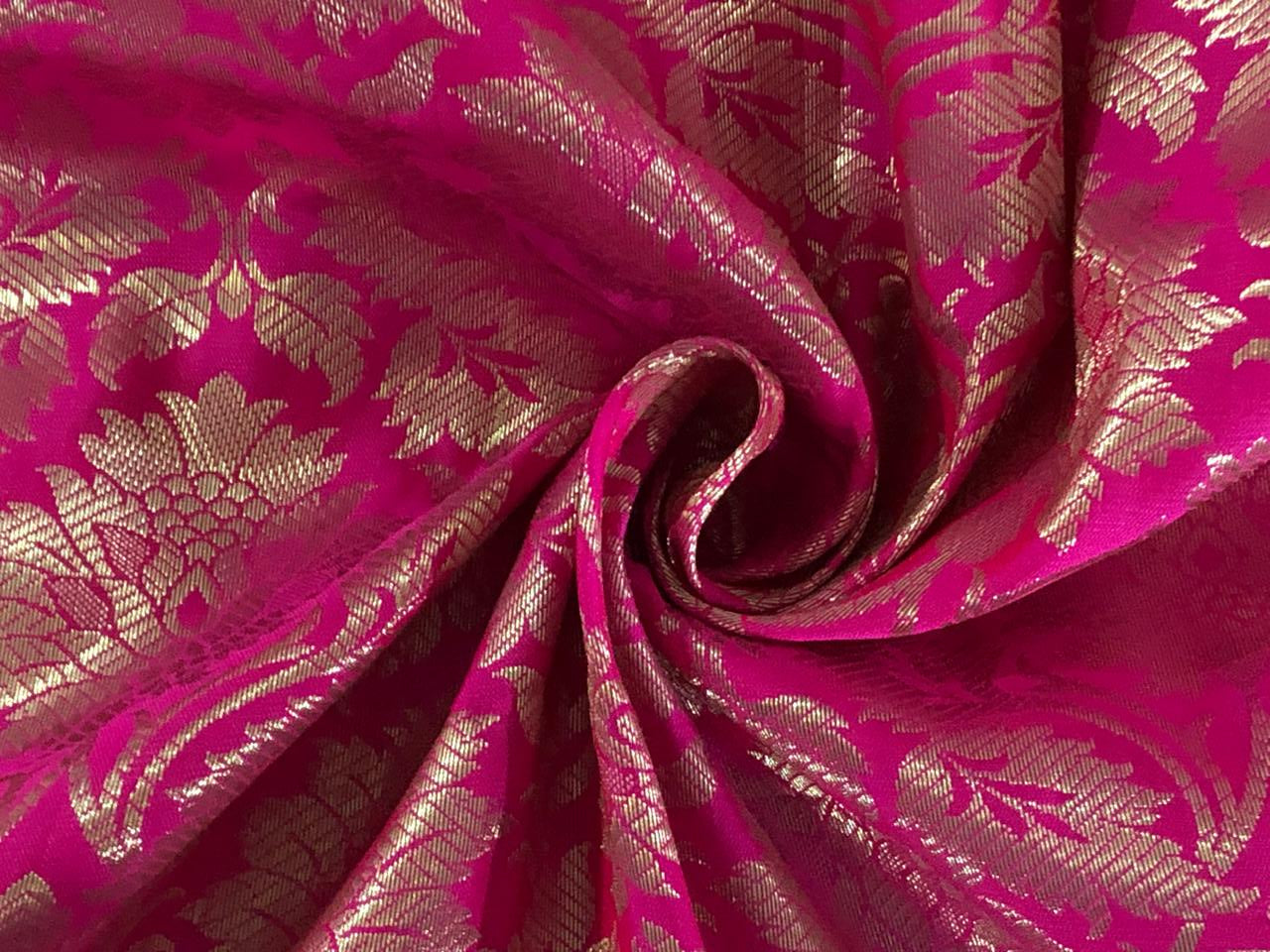 Silk Brocade fabric bright pink with white gold floral jacquard 44" BRO1063[1]