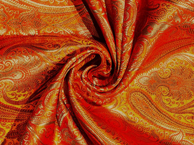 Silk Brocade fabric 44" paisley metallic gold  jacquard available in 2 colors bright orange and turquoise blue  BRO1049