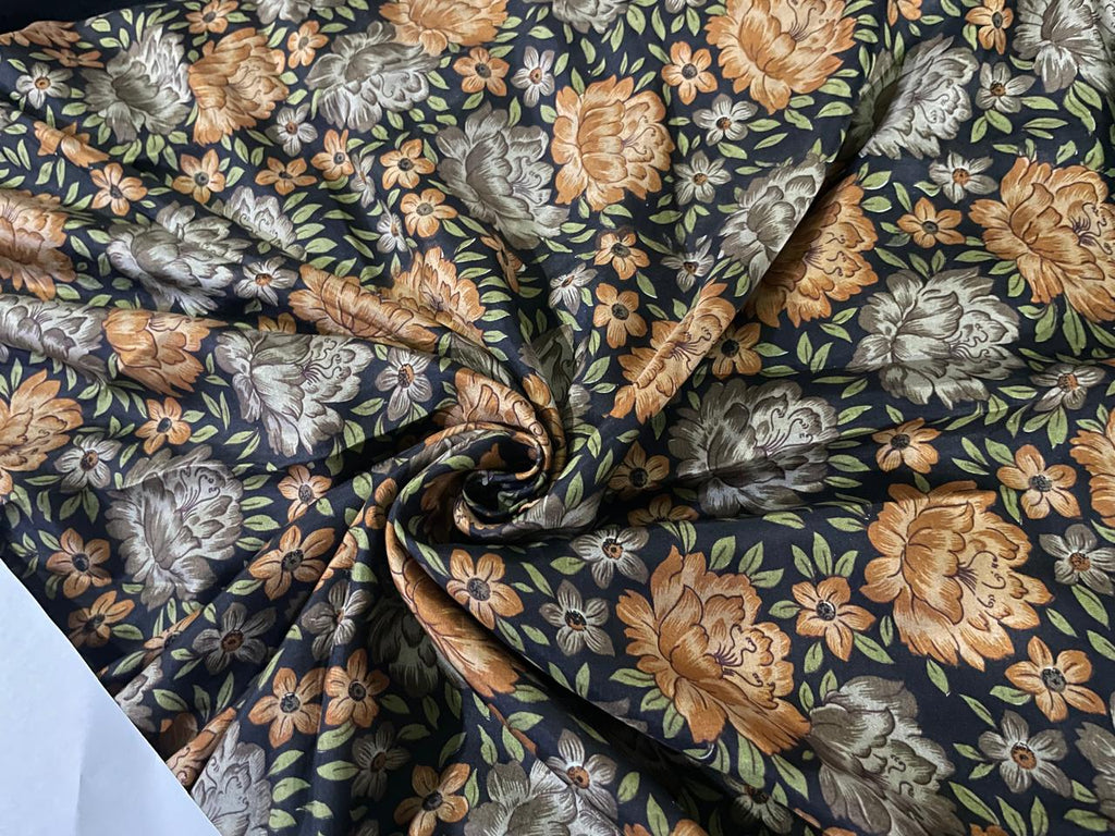 silk habotai printed 44" BLACK WITH GREEN AND MUSTARD FLOWERS