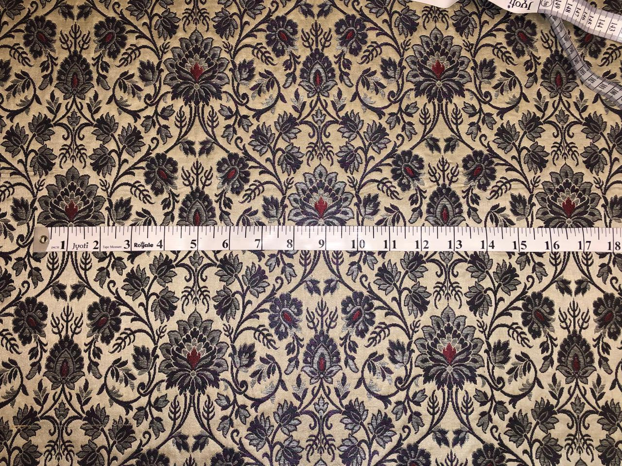 Silk Brocade fabric ivory with silver grey and red floral jacquard BRO1069[3]