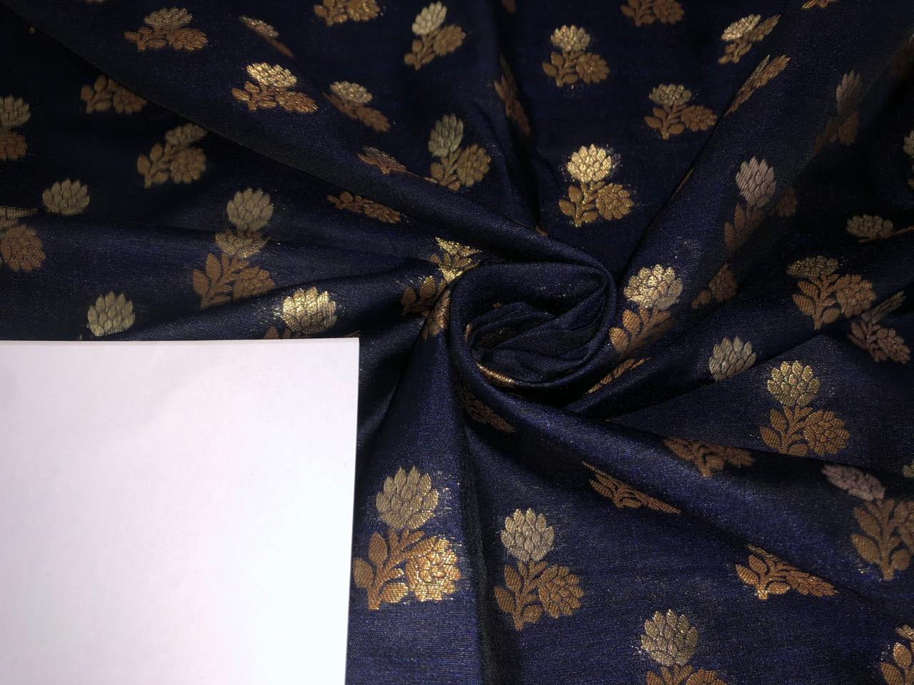 100% PURE Silk Brocade fabric 44" wide FLOWER MOTIF available in 2 colors white ivory and navy black BRO1016[1/2]
