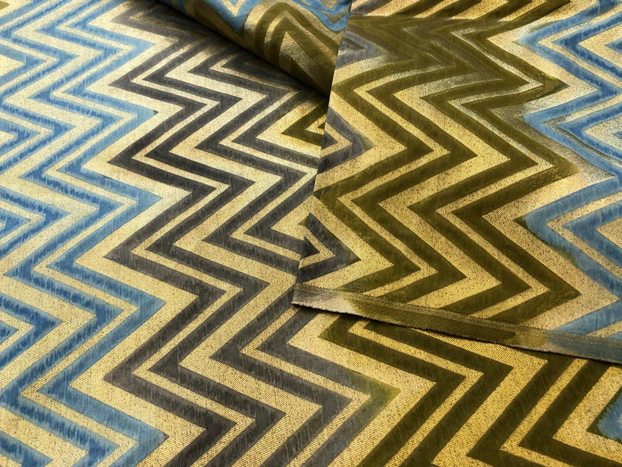 Silk Brocade fabric geometric zig zag jacquard slate blue ,olive and gold BRO1092[3]