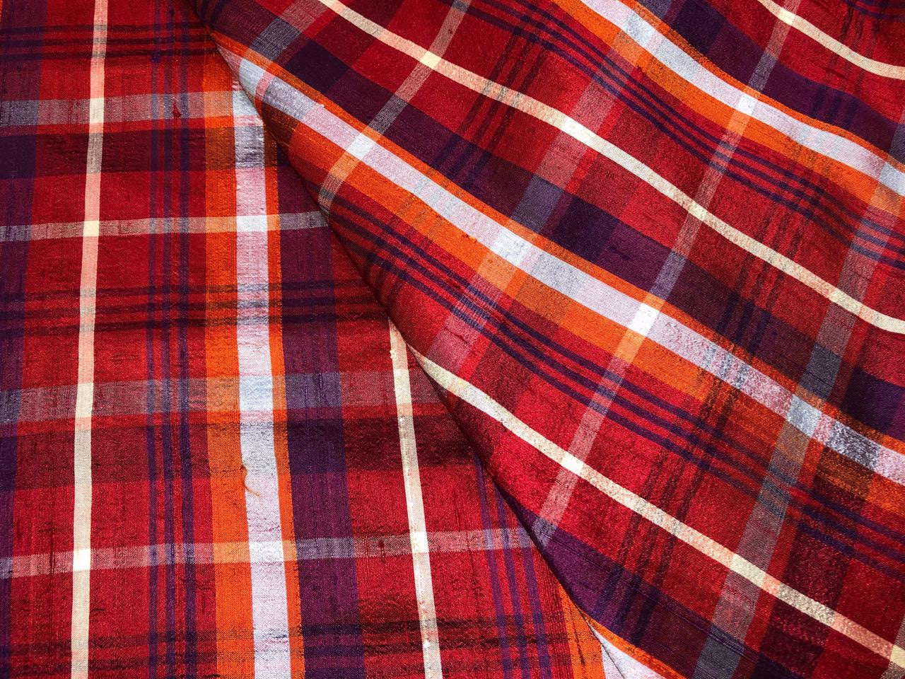 100% SILK DUPION Red tartan  plaids 54&quot; wide DUPC129