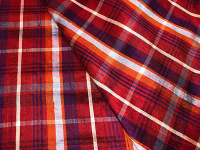 100% SILK DUPION Red tartan  plaids 54&quot; wide DUPC129