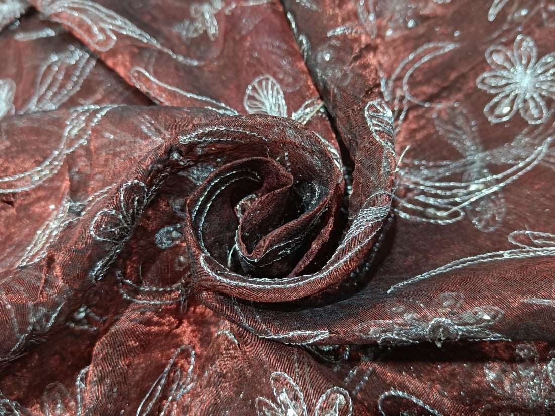 100%  Silk tissue fabric copper brown with silver embroidery 44 inches wide