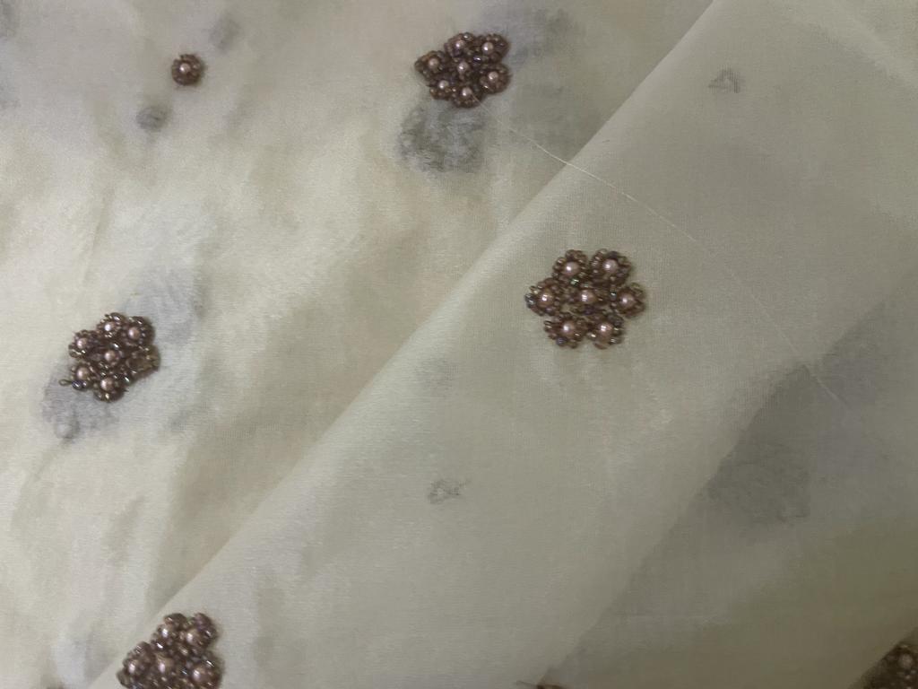 Silk organza with  pearl hand embroidery Semi Sheer fabric 54" wide available in 2 colors ivory and antique gold pearls/ivory and ivory pearls