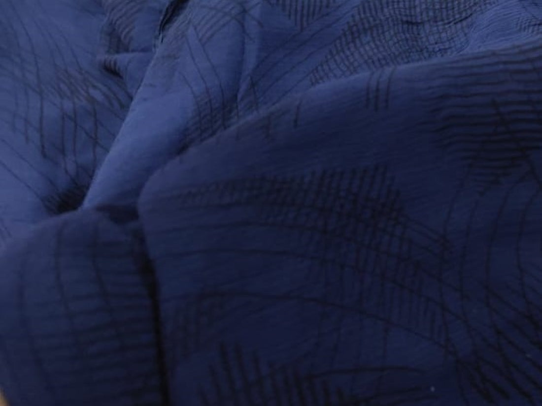 Silk chiffon printed  fabric NAVY with abstract black lines 44" wide [12374]