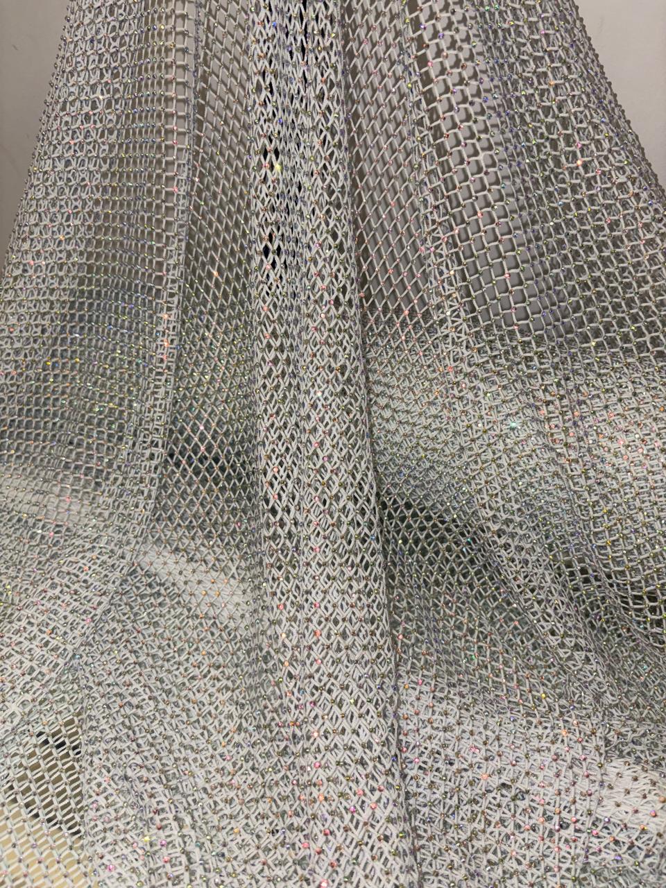 Rhinestone Mesh, Stretchable Fabric Crystal Diamond Stretch Crystal Fishnet Sheets available in 2 colors pink and white [18428/29]
