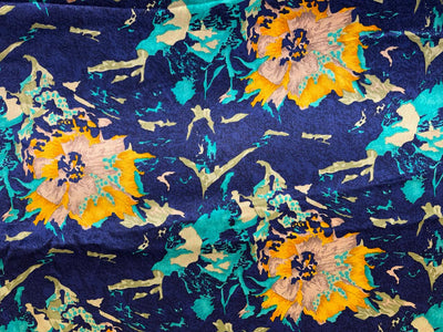 100% Pure Silk 100 grams satin printed 44"wide fabric royal blue and bright yellow and teal floral  [18420]