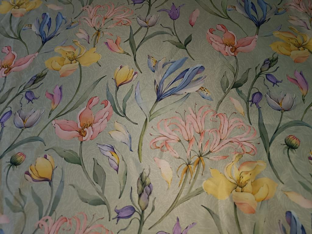 Satin fabric Floral print 54" wide available in three colors pink/yellow/green