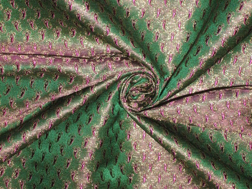 Silk Brocade Fabric Green with Purple paisleys &amp; Metallic Gold 44" wide BRO147[3]