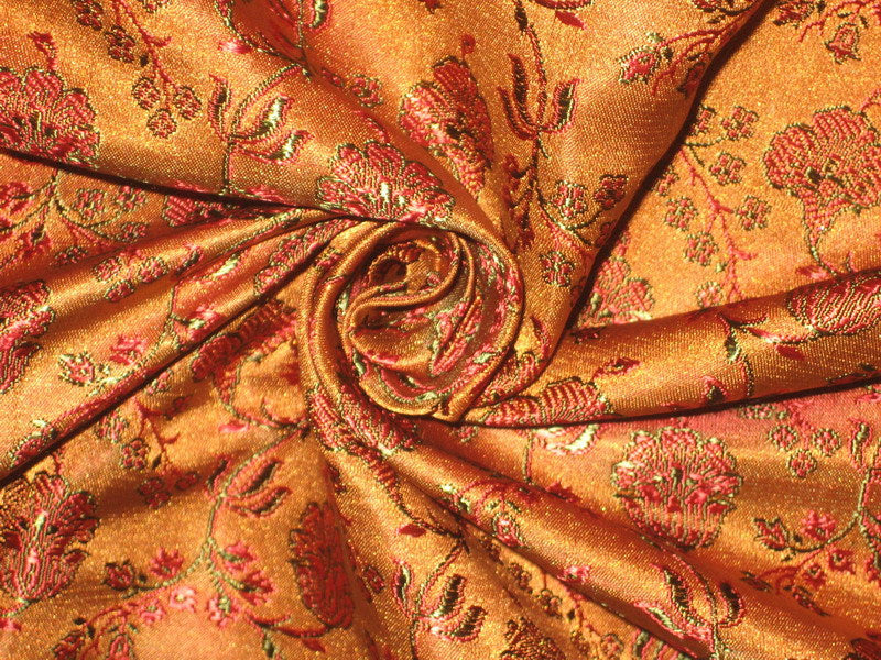Silk Brocade Fabric Brown,Green &amp; Red 44&quot;