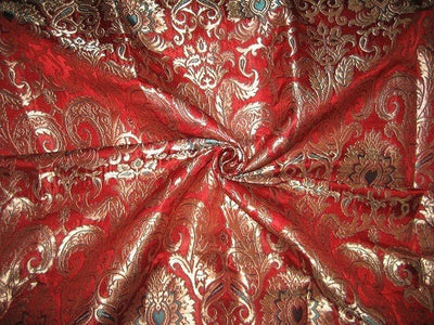 Silk Brocade Fabric Dark Pinkish Red,Teal &amp; Metallic Gold color BRO194[6]