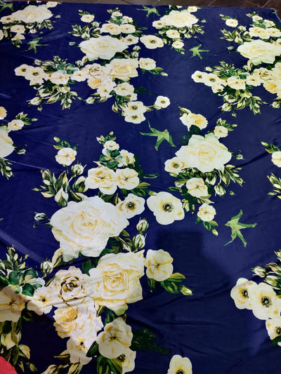 Polyester SATIN luxurious printed FABRIC NAVY floral 58&quot;