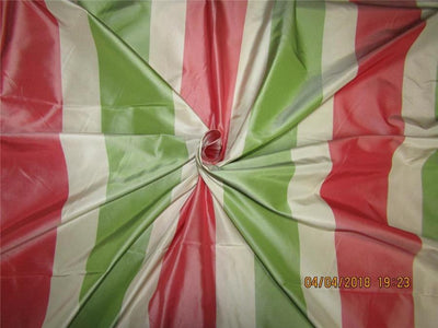 Silk Taffeta Fabric Green cream & pink Stripes 44" WIDE TAF#S139[19]