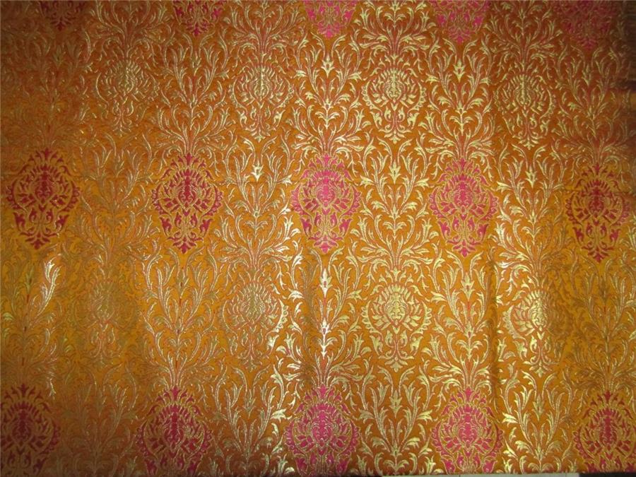 Heavy Silk Brocade Fabric pink golden yellow x Metallic Gold color 36&quot;