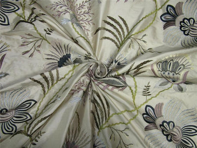 100% Silk Dupion Fabric Embroidery cream/green/blue/mauve color 54&quot;DUP# E56[2]
