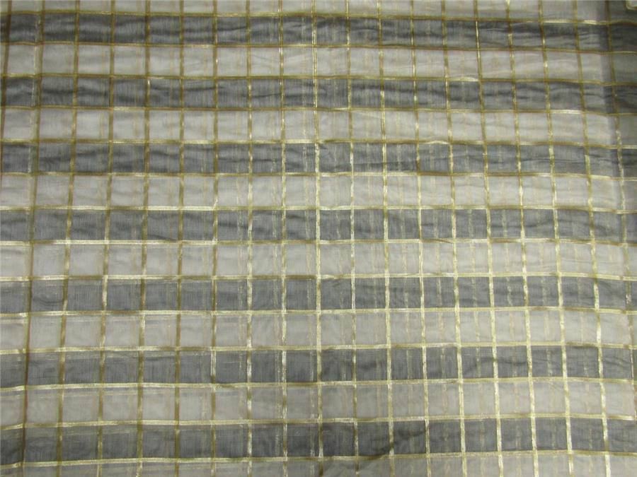 silk chanderi Brocade fabric plaids grey/ivory/gold 44&quot; wide