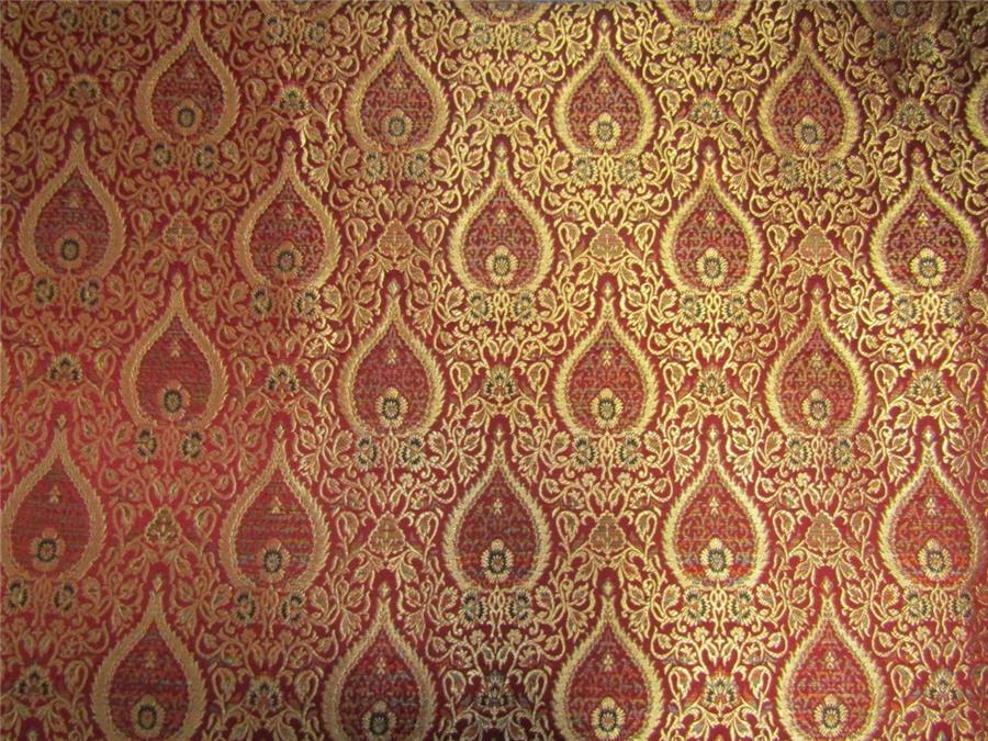 Heavy Silk Brocade Fabric dark red /multi x color Metallic Gold 36&quot;